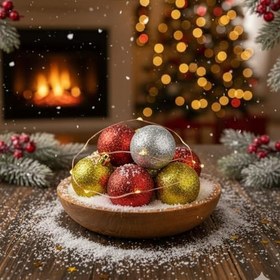 Resim Yılbaşı Ağacı Süsleri Seti, Parlak Kırmızı Altın Gümüş Glitter Toplar, 6 Parça Noel Dekorasyon Koleksiyonu 