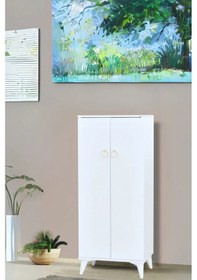 Resim Oya Beyaz Ayakkabılık 2 Kapaklı Raflı Altın Kulplu 60x32x150 Cm 