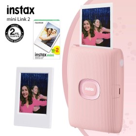 Resim Instax Mini Link 2 Toz Pembe Akıllı Telefon Yazıcısı 20li mini Film ve Çerçeve 