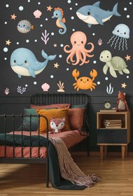 Resim Sevimli Pastel Deniz Canlıları – Balık, Yengeç, Ahtapot, Kaplumbağa Duşakabin & Banyo Duvar Sticker Seti - 113x30 cm / Karışık Renkli / Deniz Canlıları 