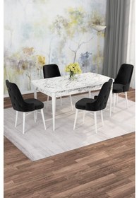 Resim Mona Beyaz Mermer 80x132 Açılabilir Mdf Masa Yemek Odası Takımı, Mutfak Takımı 4 Adet Sandalye Beyaz Mermer - 4 Siyah - Beyaz Ayak 