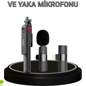 Resim Marsilyan Vlog ve Canlı Yayın Için Çift Yaka Mikrofonu ve Tripodlu Selfie Çubuğu Seti 