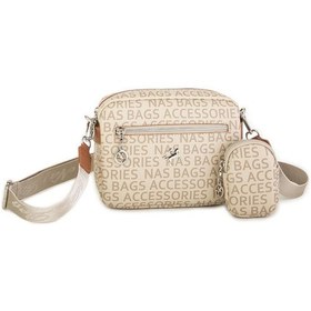Resim Nas Bag Kadın Çapraz Çanta Mini Cüzdanlı Ayarlanabilir Askılı Vizon Taba Yazılı Taba 