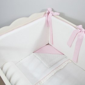 Resim Ekru - Pembe Fırfırlı Bebek Uyku Seti - Sosis Bumper / 70x140 