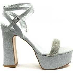 Resim Feles 13 Cm Yüksek Platform Tek Bant Topuklu Taşlı Kadın Abiye Ayakkabı Gümüş 