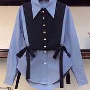 Resim Kadınlar İçin Renk Bloklu Gömlek ve Tank Üstü Seti - Mevsimlik Kravat Detaylı Üst ile Yetişkinler İçin Uygun Polyester Kumaş Yaka Gömlek. 