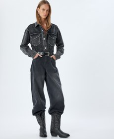 Resim Bol Kot Pantolon Standart Bel Düğmeli Yıkamalı - Loose Straight Fit Jean 