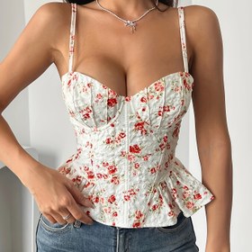 Resim Kadınların Çiçek Desenli Omuz Üstü - Seksi Sırtı Açık Bağlama Tasarımı ile Ruffled Kenarlar, Pembe Çiçek Deseni, Hafif ve Nefes Alabilir, Bahar/Yaz için Hafif ve Nefes Alabilir, Yaz Modası Üstü | Omuz Üstü Modası | Parlak Dokulu 