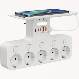 Resim 11-in-1 Avrupa Standart Güç Prizi, Güç Prizi Genişletme, 5AC+6USB(3Type-C), Çok Fonksiyonlu Mobil Telefon Tutucu ve Akıllı İndüktif Gece Lambası ile, Oturma Odası, Mutfak, Yurt, Ofis ve Diğer Sahnelere Uygun 