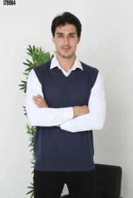 Resim Erkek V Yaka Kolsuz Süveter Triko Kazak yumuşak dokulu Pamuklu ince Dokuma Rahat Regular kalıp Lacivert 