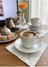 Resim Rokoko El İşlemesi Kahve Sunumluk Peçetesi Keten 6 Parça Beyaz - Krem 