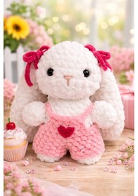 Resim Amigurumi Kadife Örgü Küçük Boy Oyuncak Tavşan Beyaz Boy 8 CM En 6 CM Kulak 5 CM 