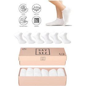 Resim Saysez Bambu Kadın Patik Düz Beyaz Çorap Dikişsiz Premium Kutulu 6'lı Beyaz 