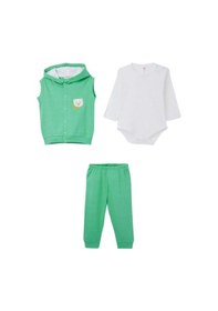 Resim Erkek Bebek Üçlü Ayıcık Detaylı Yelekli Takım-15294 Yesil 