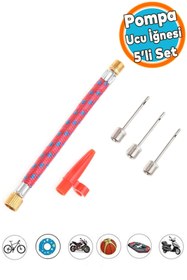 Resim NZB Pompa Ucu İğne Seti 5'li Hortum Bağlantılı Bisiklet Top Yat Şambrel Teker Şişirme Metal Plastik Jakı 