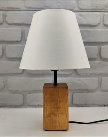 Resim Teak Rengi Ahşap Kütük Ayaklı Beyaz Şapkalı Abajur Masa Lambası Altın 