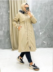 Resim Vibeys Collection Bej İçi Kürklü Ve Su Geçirmez Büyük Beden Battal Kadın Kışlık Mont & Kaban 
