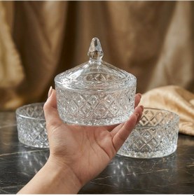 Resim Elmas Dekor Kapaklı 3 Katlı Şeffaf Büyük Cam Çerezlik - Şekerlik Takımı Şeffaf 