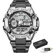 Resim Hanyang Gümüş Siyah 2023 Lıge Yeni Erkek Saatler Foxbox Erkekler Için Çift Ekranlı Saat Spor Su Geçirmez Kol Saati Dijital Kuvars Saat Relogio Masculino (Yurt Dışından) 