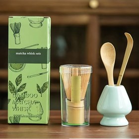 Resim 4lü Set Matcha Set Bambu Karıştırıcı Çay Kaşığı Seramik Aparatlar Matcha Karıştırıcı (Chasen) Çay Kaşığı ve Kova (Chashaku) Çay Yapma Aletleri 