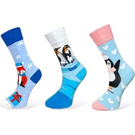 Resim Me-vo 3'lü Unısex Kış Temalı Penguen Tasarımlı Esnek Nem Alabilen Pamuklu Spor Soket Çoraplar Çok Renkli 