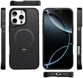 Resim Gpack Apple iPhone 16 Pro Max ile Uyumlu Kılıf, Karbon Fiber, Magsafeli, Standlı, Siyah 