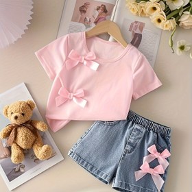 Resim 2 Parça Kız Çocuk Kot Takımı, Şık Fiyonklu Y2K Kot Pantolon + Papyonlu Tişört, Kar Tanesi Desenli Denim - Esnek Bel Bandı ile Bol Kesim, Yumuşak ve Rahat Kumaş, Okul, Festivaller ve Günlük Kullanım için Mükemmel - İdeal Hediye, Dış Mekan Aktiviteleri İçin Uygun 