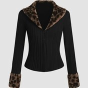 Resim Kadın Zarif Slim-Fit Leopar Desenli V Yaka Hırka - Uzun Kollu, Düğmeli, Düz Renk, Sonbahar/Kış için Günlük Stil, Günlük Giyim için Mükemmel 