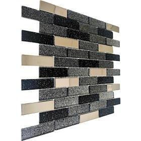 Resim Mutfak Tezgah Arası ve Iç Dekorasyon Için 23X73X4MM. Simli Siyah Gümüş Krom Mix. 30X30CM. Fileli Kristal Cam Mozaik. (11 File Karo = 1 M2 Fiyatıdır ) 