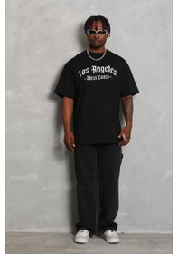 Resim Yake Store Unisex Oversize Baskılı Bisiklet Yaka T-shirt - Siyah - Siyah 