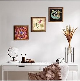 Resim Pinecone Mandala, Lale Ebru Sanatı, Şahmeran Taş Duvar Tablosu - Ahşap Çerçeveli Taş Tablo - 25x25 cm - 3 Parça Set - Dekoratif Duvar Sanatı - Modern Ev ve Ofis Duvar Dekoru W3-672 