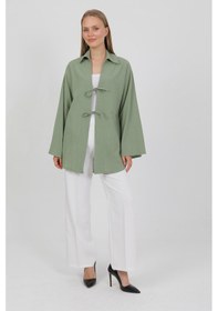 Resim %100 Pamuk Keten Cepli Bağcıklı Kadın Kimono 1165 Gömlek Yaka, Nefes Alan Kumaş Yeşil 