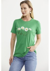 Resim Papatya Baskılı Basic Tişört - Yeşil Çok Renkli 