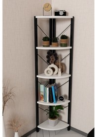 Resim Alpa Ev Mobilya Üçgen Köşe Raf, 5 Raflı Metal Gövdeli Dekoratif Kitaplık, Çok Amaçlı Ünitesi Beyaz 