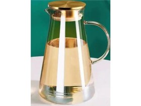 Resim Şık Borosilikat Cam Sürahi, Metal Kapak, 1900 Ml, Gold Renkli 