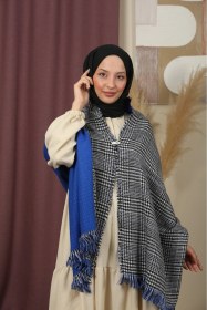 Resim Çift Taraflı Ekose Kışlık Omuz Şalı Siyah - Saks 