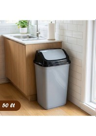 Resim Porsima 0097 Kapaklı Gri-siyah Çöp Kutusu - Favori Banyo Ve Mutfak Çöp Kovası 50lt 