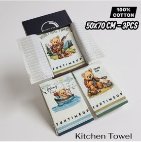 Resim 3'lü Mutfak Havlusu 100% Pamuk 50 70 Cm Hediyelik Ayıcık Baskılı Beyaz 