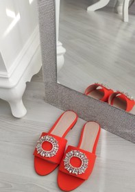 Resim LA CALZATURE Oranj Mat Saten Beyaz Cam Taşlı Günlük Kadın Terlik 