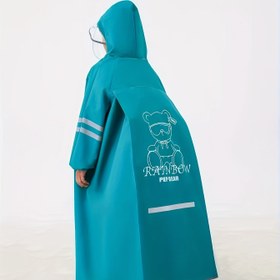 Resim Gençlerin Sırt Çantası Alanlı Kapüşonlu Yağmurluğu - Erkek ve Kız Çocukları için Turkuaz EVA Tam Vücut Yağmur Paltosu, Yeniden Kullanılabilir, Esnek Manşetler, Fermuar Kapatma, Ayı ve "YAĞMUR PLAJI" Tasarımı, Okul, Dış Mekan Aktiviteleri ve Günlük Giyim için Mükemmel 