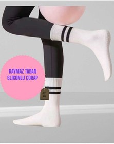 Resim Enefendi Yoga Pilates Çorabı Tırtıklı Kadın Kaymaz Silikon Taban Pamuklu Soket Tenis Çorap Altı Havlulu Beyaz Renkli 