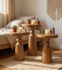 Resim ASELYA HOME Doğal Ahşap 3’lü Set Mantar Yan Sehpa Modern Fiskos Zigon Çiçeklik 