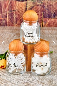 Resim FBZhome 3'lü Ahşap Top Kapaklı Cam Kulak Pamuğu & Diş Ipi & Pamuk Kavanozu 300 ml 