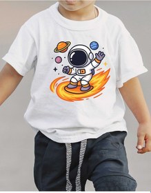 Resim F17 Ajans Kaykay Astronot Baskılı %100 Pamuk Kısa Kollu Erkek Çocuk Tişörtü Beyaz 