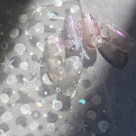 Resim 1 adet Retro Deniz Kabuğu Tırnak Etiketleri - Renkli Lazer Yıldız Balığı ve Deniz Kabuğu Tasarımları, DIY Parıltılı Yaz Manikür Etiketleri, Kendinden Yapışkanlı Plastik, Tek Kullanımlık, Tırnak Sanatı Dekoru | Karikatür Temalı Tırnaklar | Lazer Baskılı Etiketler, Tırnak Süslemeleri 