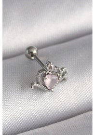 Resim Tua Moda 316l Çelik Gümüş Renk Pembe Mineli Kalp Zirkon Taş Detay Tragus Piercing Gümüş 