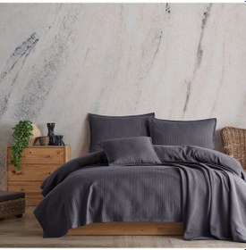 Resim %100 Pamuklu Örgü Desenli Çok Amaçlı Yatak Örtüsü 240x230 Koyu Gri 