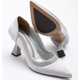 Resim Saten Kalın Sıra Taşlı Gümüş Kadın Kadeh Topuk Stiletto-2537-gumus Gumus 