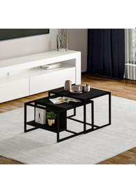 Resim Batı 2 Li Modern Orta Sehpa Takımı Metal Ayaklı, Alt Raflı Antrasit 