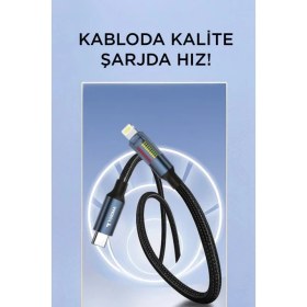 Resim Torima Şarj Kablosu Type-C to Lightning Led Ekranlı Hızlı 27W Örgü Data Kablo U21 Siyah 